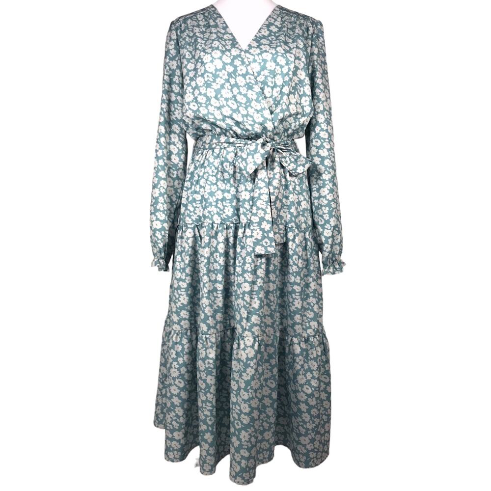 Dress Womens Medium Blue Ditsy Floral Midi Wrap Tiered Peasant Ruffle Belt Boho